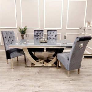 Arial Dining Table in Grey Glass with 4 Emma Grey Shimmer Chairs