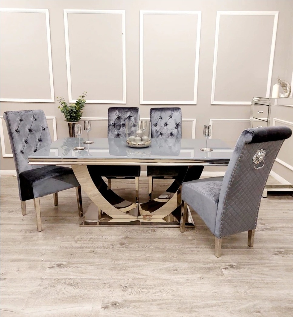 Arial Dining Table in Grey Glass with 4 Emma Grey Shimmer Chairs