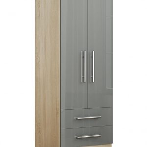 2 Door Wardrobe With 2 Draws, High Gloss Grey