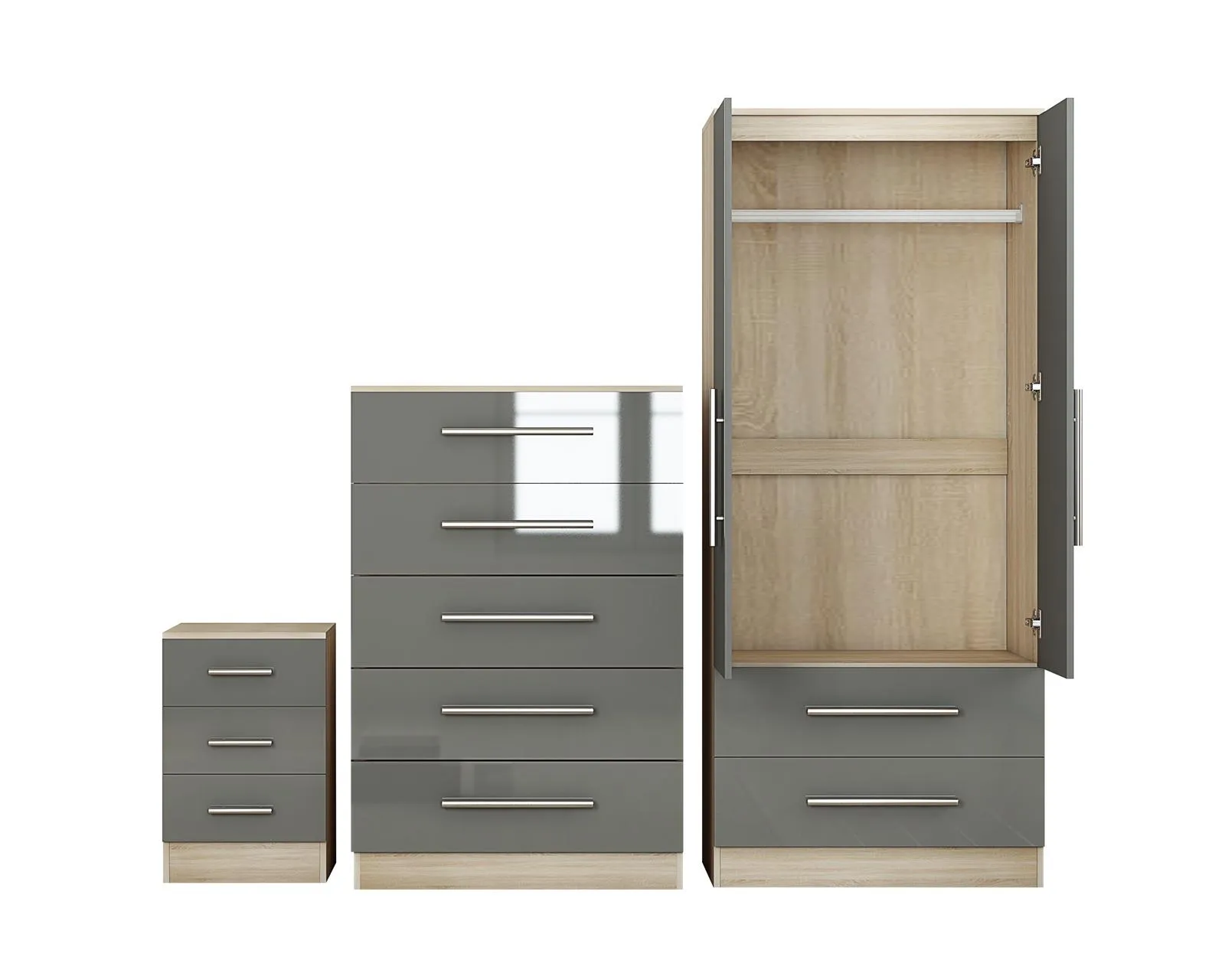 Trio Set High Gloss-2 Door Wardrobe , 5 Draw Chest and 3 Draw Bed Side – Grey - Image 2