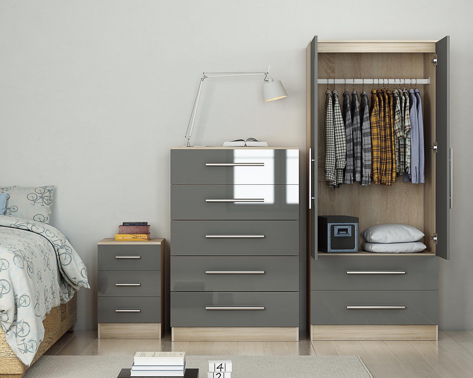 Trio Set High Gloss-2 Door Wardrobe , 5 Draw Chest and 3 Draw Bed Side – Grey - Image 3