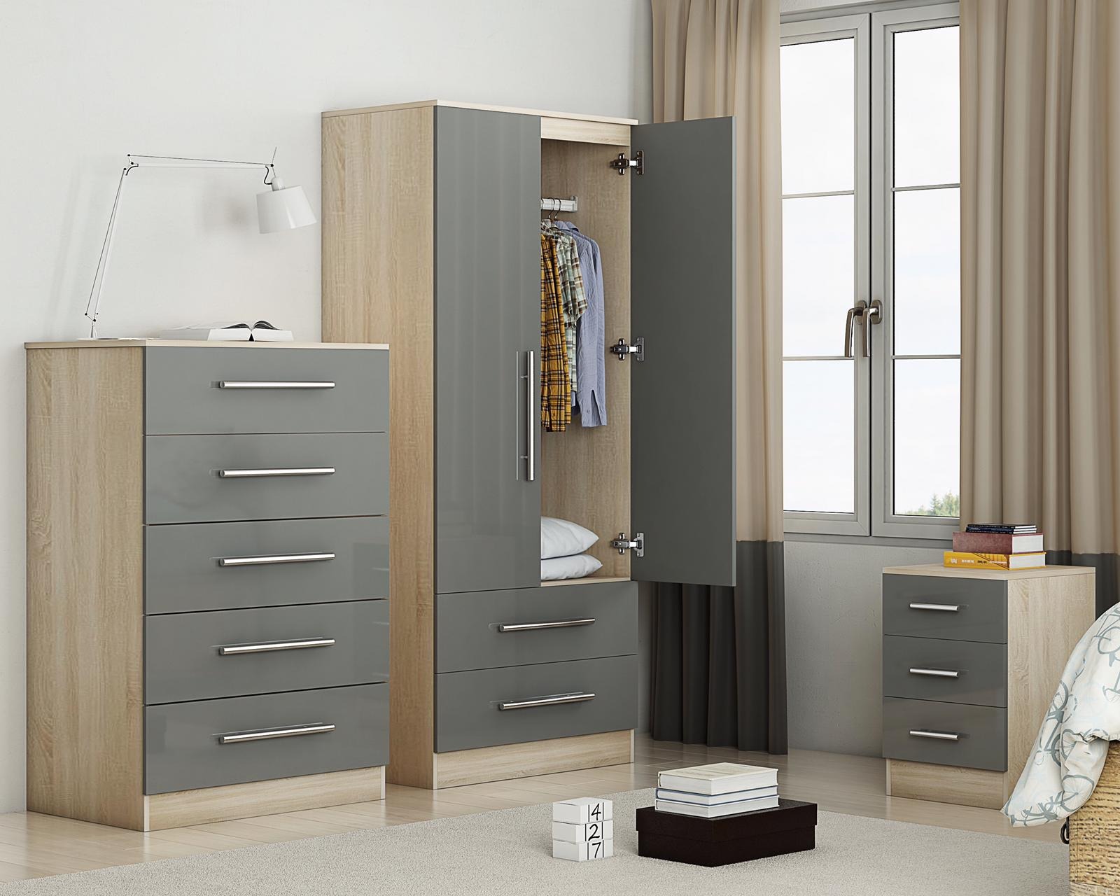Trio Set High Gloss-2 Door Wardrobe , 5 Draw Chest and 3 Draw Bed Side – Grey - Image 4