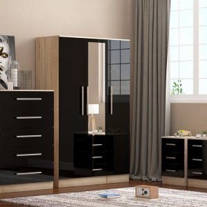 3 Door Combi Wardrobe , Chest Drawers and 2 x Bed Sides High Gloss – Black