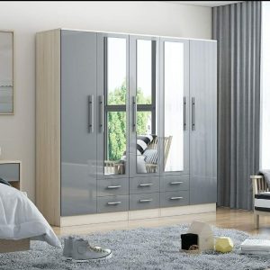 5 Door Wardrobe With 6 Drawers and Mirrors High Gloss Grey