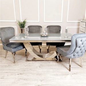 Arial Dining Table in Grey Glass with 4 Sandhurst Dark Grey Chairs