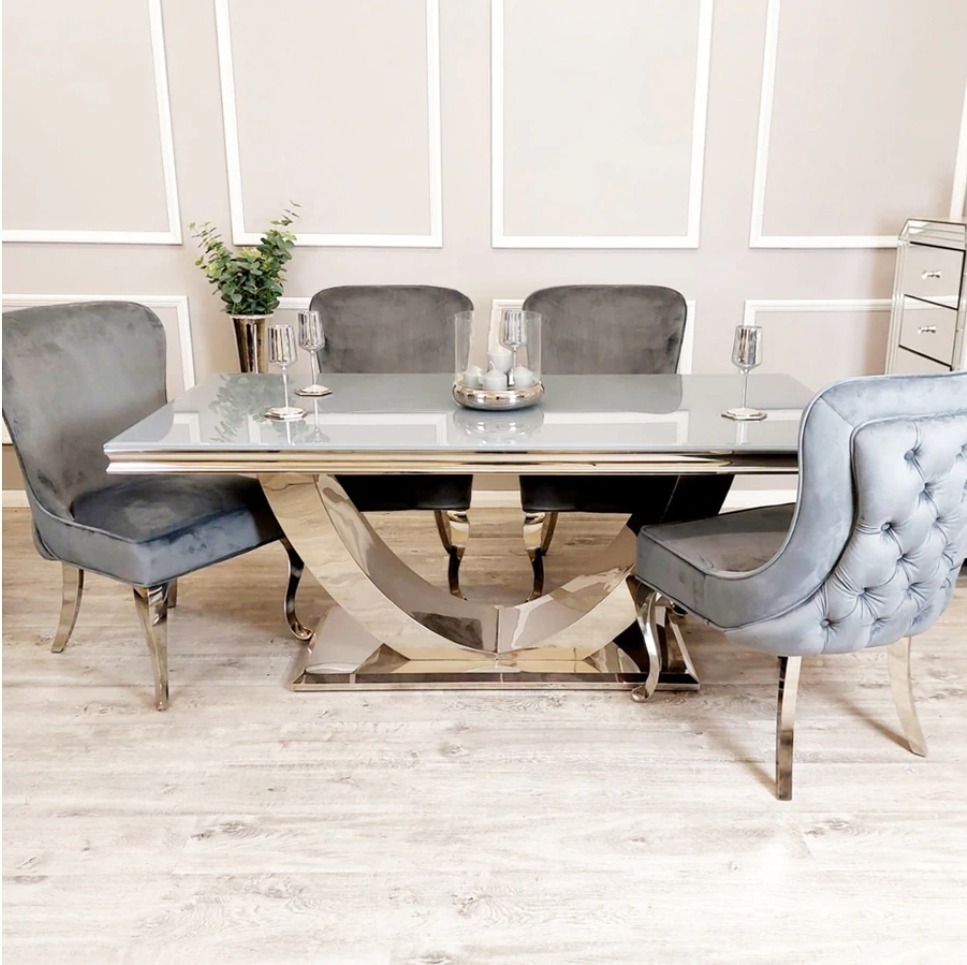 Arial Dining Table in Grey Glass with 4 Sandhurst Dark Grey Chairs