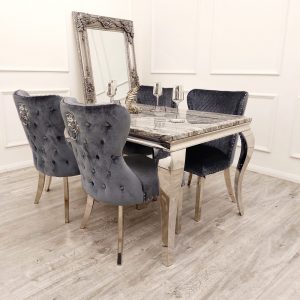 Louise Chrome 1.5m Grey Marble Table with 4 Chelsea Grey Shimmer Chairs