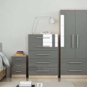 Trio Set High Gloss-2 Door Wardrobe , 5 Draw Chest and 3 Draw Bed Side – Grey