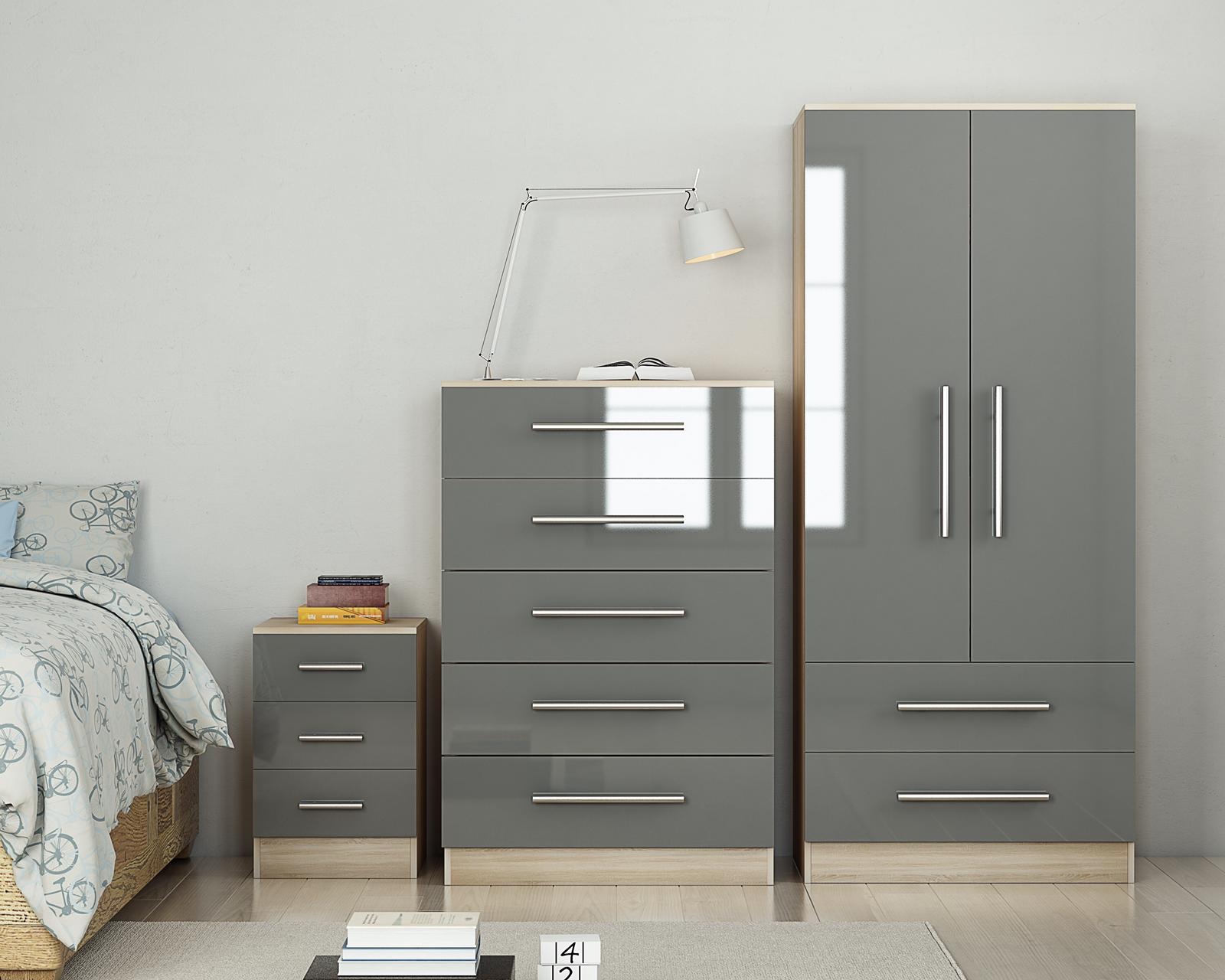 Trio Set High Gloss-2 Door Wardrobe , 5 Draw Chest and 3 Draw Bed Side – Grey